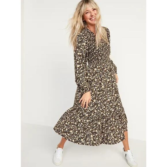 Old Navy Black Ditsy Floral Smocked Midi Dress 3X Long Sleeve Pockets Fall Boho - Picture 1 of 8